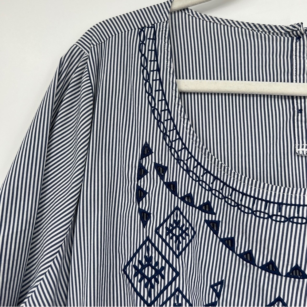 Lane Bryant Embroidered Tie-Front Pinstriped Back Button Boxy Blue White Shirt - Picture 4 of 15